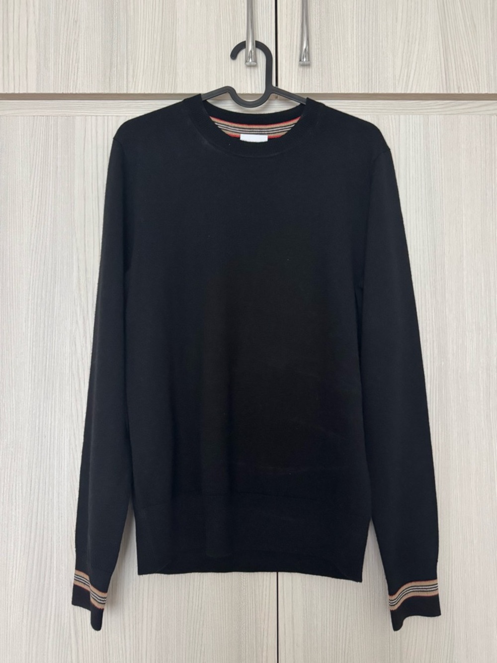 Burberry Wool Sweater with Striped Cuffs